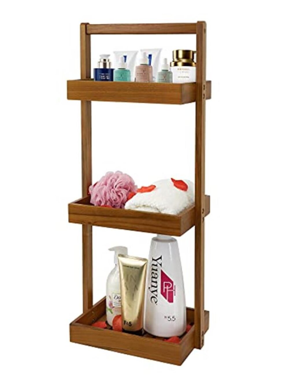 Teak Wood Corner Shower Caddy 3 Tier Standing Bathroom Shelf Organizer Rack